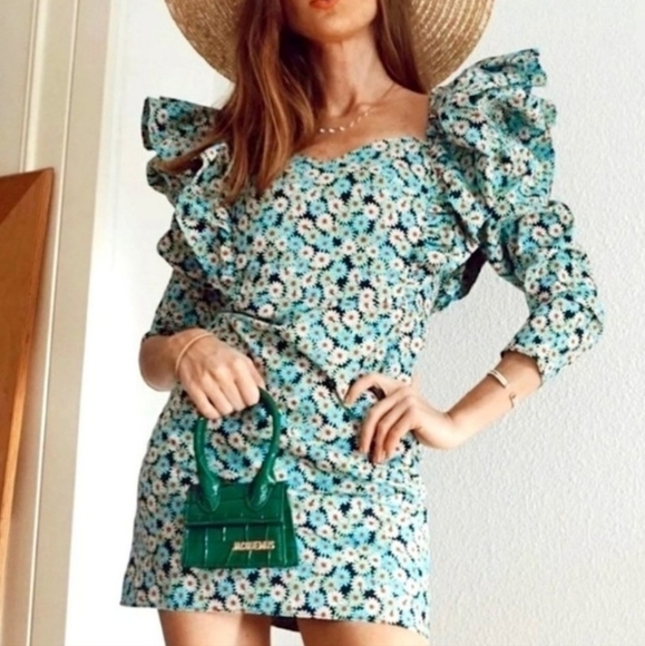 ZARA Poplin Daisy Ruffle Puff Sleeves Green Mini Dress Blogger Favorite NWT Sz M - Picture 1 of 16